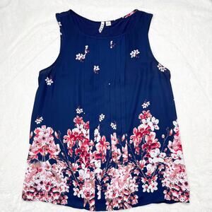 ELLE Navy Blue & Pink Floral Pleated Flowy Tank Top size Medium